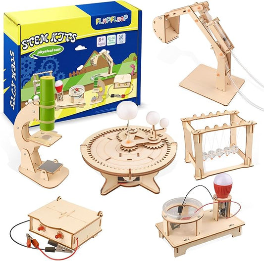 6-in-1 STEM Science Kits for Kids, STEM Kits for Kids Ages 8-10, STEM Engineering Toys for Boys and Girls, Wooden Building Crafts Kits Science Experiment Projects for Kids Birthday Gifts for Age 8-12