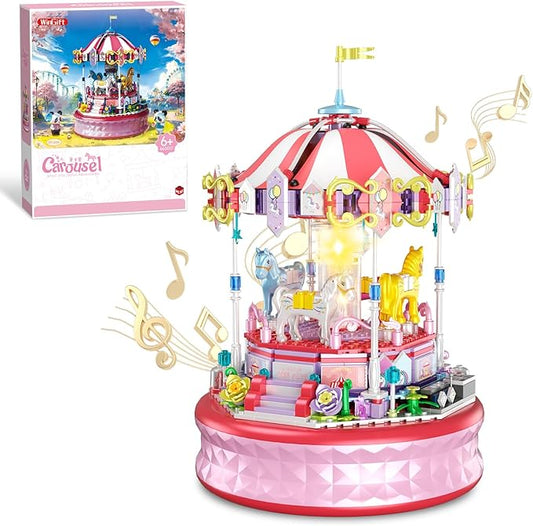 591 Piece Mini Music Box Building Block Set,Rotating Carousel DIY Building Toy,Girl Amusement Park Building Block Kit,STEM Educational Toys,Christmas Birthday Gifts for Girls Boys Ages 6-12+
