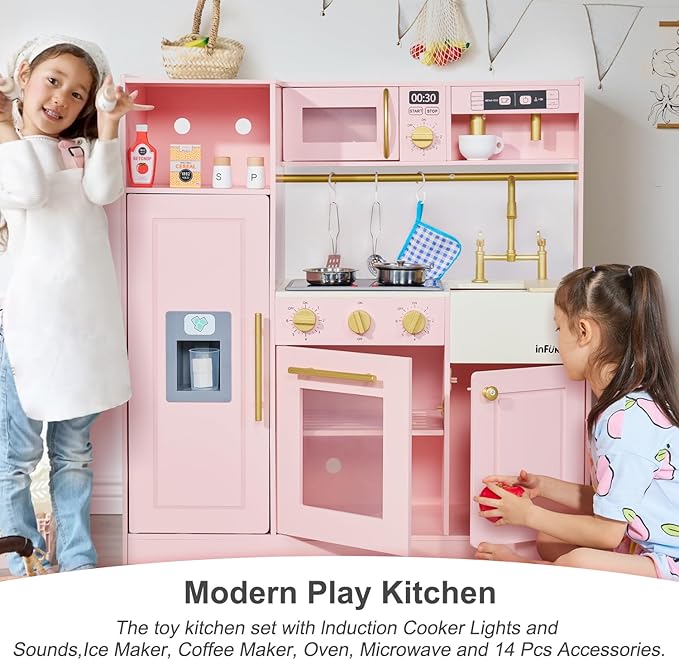 Kids Play Kitchen for Chef Pretend Kitchen Playset with Real Lights and Sounds and 14 Pcs Toy Kitchen Accessories, Wooden Toddler Pink Play Kitchen Set for Girls Ages 3+