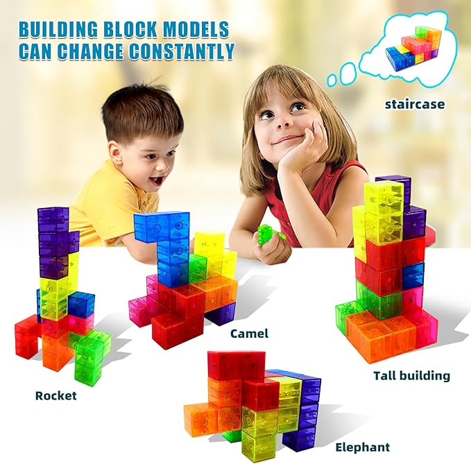 Magnetic Building Blocks Magic Magnetic 3D Puzzle Cubes, Set of 7 Multi Shapes Magnetic Blocks with 54 Guide Cards,Parent-Child Interactive Children's Educational Toys (7color)