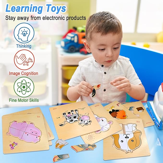 8pcs Wooden Puzzles for Toddlers 1 2 3 4, Toddler Puzzles Ages 1 2 3 4, Montessori Educational Jigsaw Toys Puzzles Christmas Birthday Gift for Kids Girl Boy 1-4 Year Old (Farm Animal)