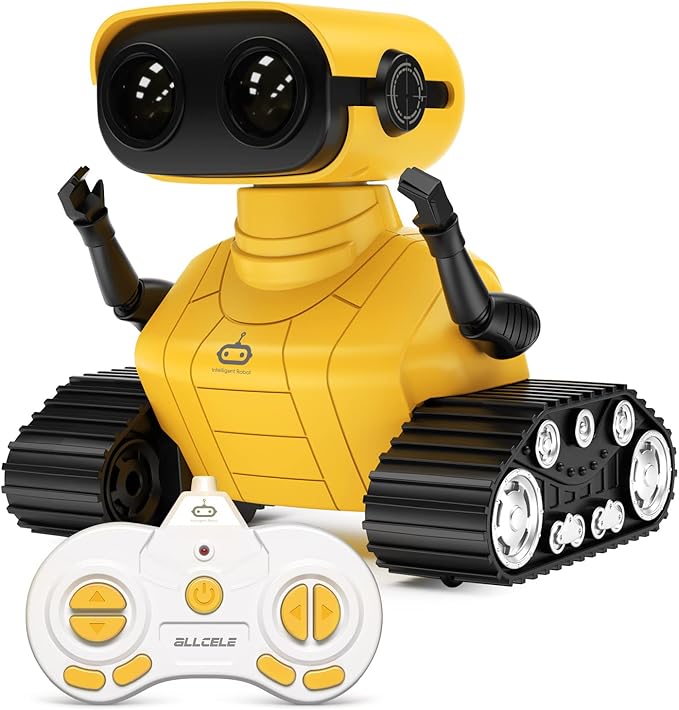 ALLCELE Robot Toys, Rechargeable RC Robots for Kids Boys, Remote Control Toy with Music and LED Eyes, Gift for Children Age 3 Years and Up - Yellow