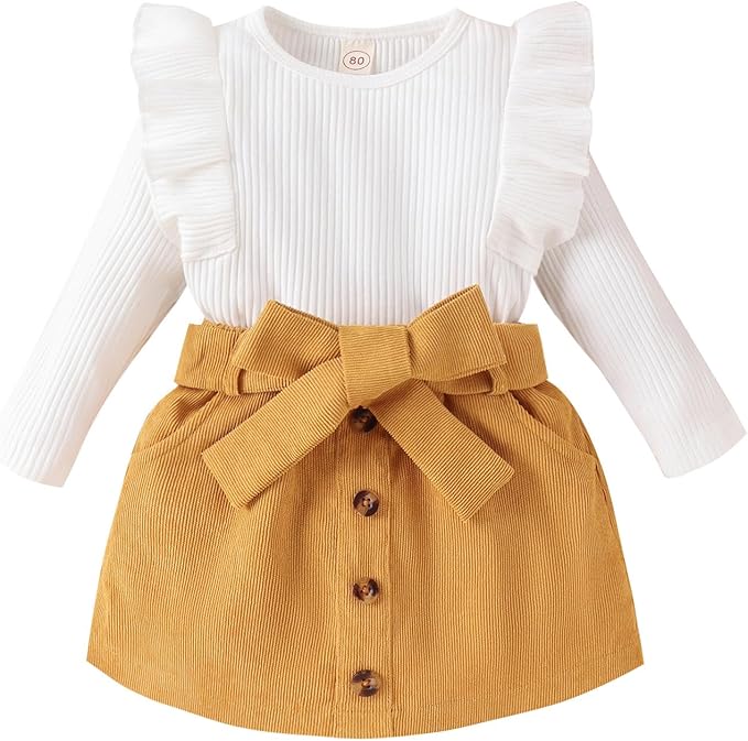 Fernvia Toddler Baby Girl Fall Winter Skirt Set Turtleneck Ribbed Long Sleeve T-Shirt Top & Plaid Skirts Dress 2Pcs Outfits