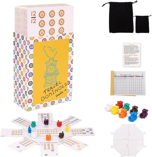 Mexican Train, Mini Travel Dominoes Game:105 Cards+1Hub for Mexican Train+8 Train Marker+1 Instruction+1 Scoresheet,Double 12 and Double 9 Dominoes Set,2-10 Players,Dot Dominoes,Travel Dominoes