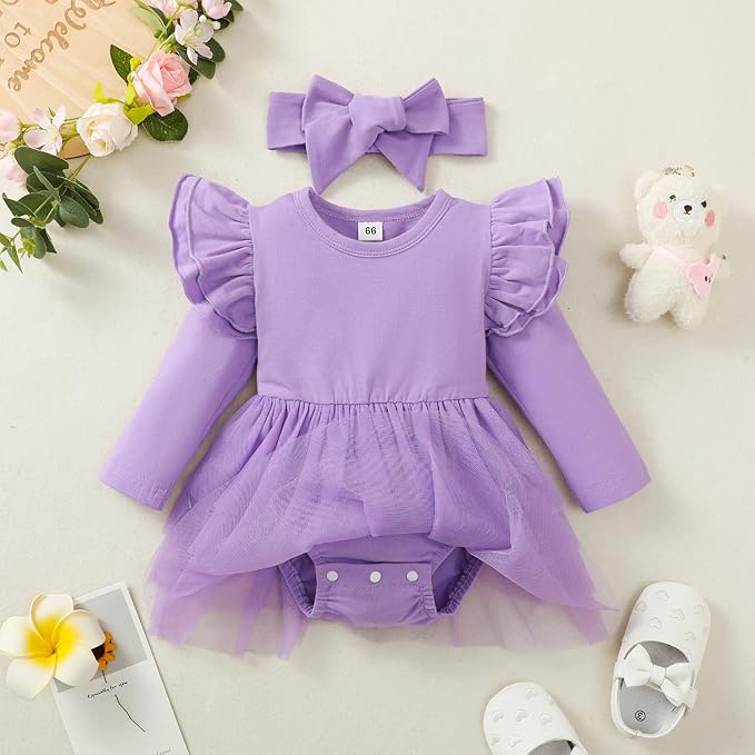 Baby Girl Ruffle Sleeve Romper Dress Outfit Newborn Princess Tulle Dresses Infant Jumpsuit Tutu Skirt Set Clothes