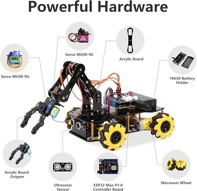 Smart Robot Arm Car Kit, 4WD Remote Control Car Compatible with Arduino IDE, Electronic Programming Project/STEM Education/Science Coding Kit for 16+ Teens and Adults Unique Gifts