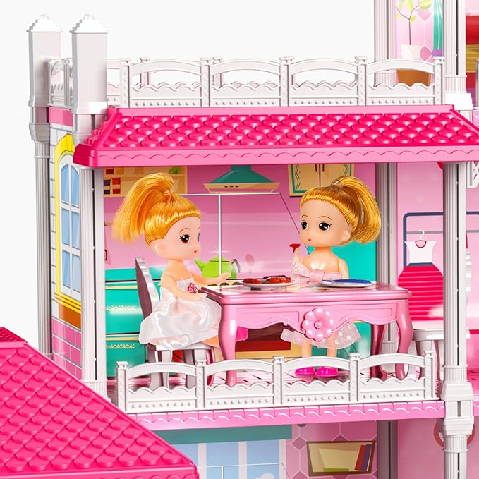 TEMI Villa Toys for 3 4 5 6 7 8 Years Old Girls - 3 Storeys 8 Rooms, Indoor Playset with 2 Dolls Toy Figures, Toys Furniture and Accessories, Pretend Girls Plays, Building Toys, Gifts Toy