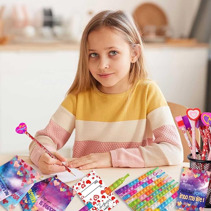 30 Pack Valentines Day Gift Cards for Kids Classroom, Pop Fidget Bracelets Stress Relief Sensory Toy School Classroom Gifts Exchange Valentines Party Favors