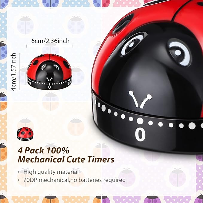 4 Pcs Ladybug Kitchen Timers for Cooking Cute Ladybug Cooking 60 Minute Mechanical Timer Red Black Kitchen Alarm Clock for Kids Reading Do Sports Baking Gifts, No Battery Required