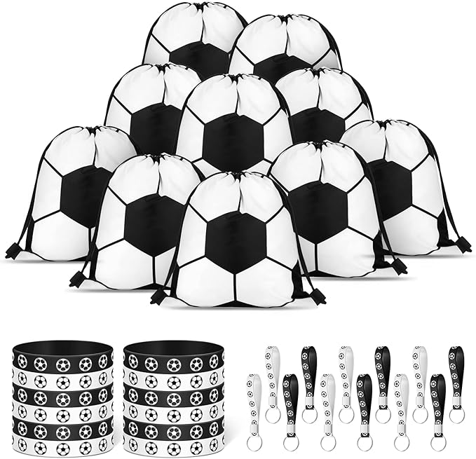 34 Pieces Soccer Party Favors 10 Soccer Drawstring Bags Sports Gym 12 Soccer Bracelet Wristband Silicone Rubber Bracelet 12 Soccer Keychains Soccer Team Gift for Men Women Sport