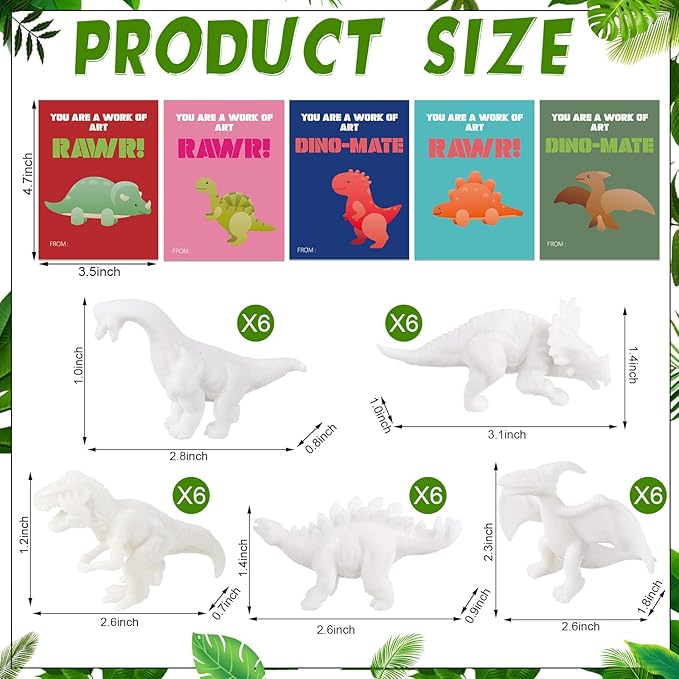 30 Sets Dinosaur Painting Kit with Valentine's Day Cards Dinosaur Figurines Arts and Crafts Exchange Gift Birthday Valentine's Day Party Favor Supplies