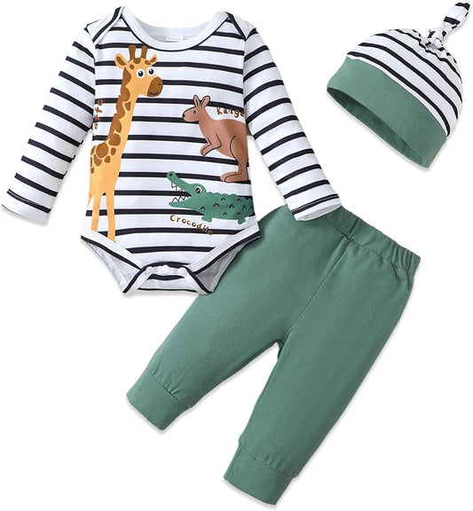 SUNNY PIGGY Baby Boy Clothes Newborn Infant Boys Outfits Romper Hat Pants 3PC Set 0-3 3-6 6-12 12-18 Month Clothing Gift