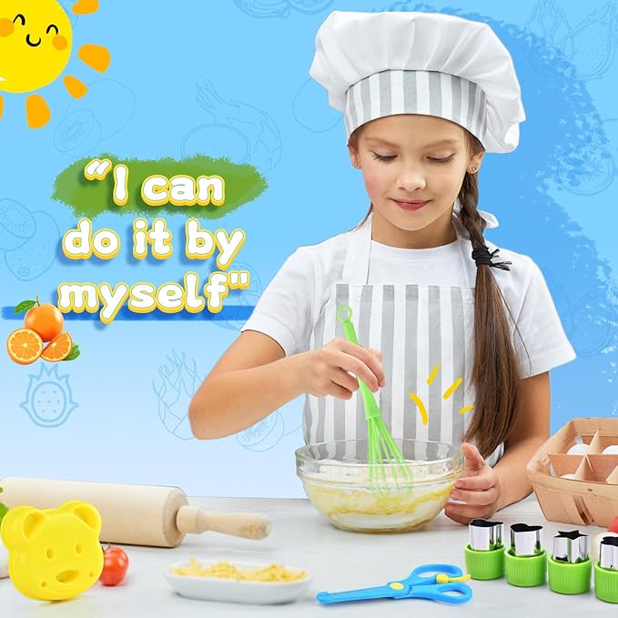 Montessori Kitchen Toys for Toddlers-Kids Cooking Sets Real-Toddler Toys Set for Real Cooking with Plastic Children Safe Knives Crinkle Cutter Kids Cutting Board-17PCS