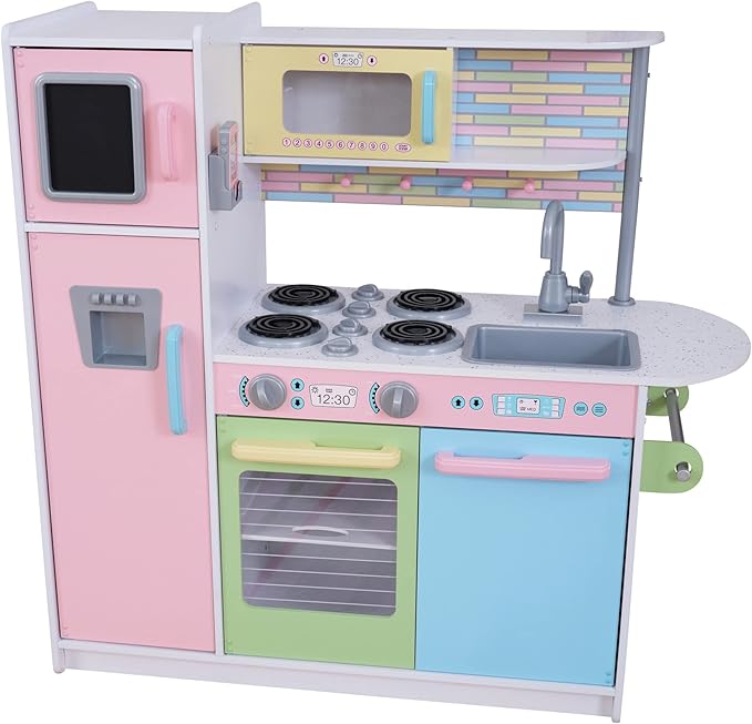 KidKraft Uptown Pastel Wooden Play Kitchen with Chalkboard, Play Phone, and See-Through Doors, Gift for Ages 3+