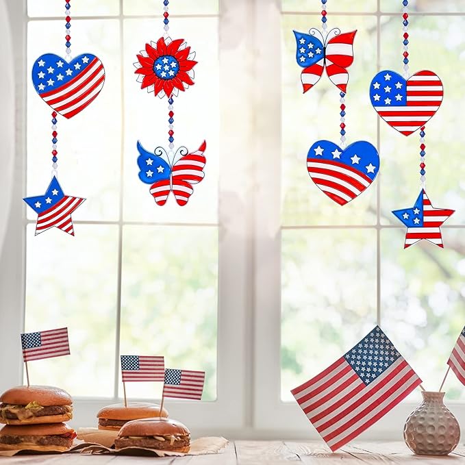 24 Sets Patriotic Suncatcher Ornaments Decoration DIY Window Paint Art Stickers Craft Kit American Heart Star Butterfly Suncatchers for Kids Classroom Patriotic 4th of July Activity Party Art Project