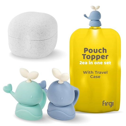 Whale SoftSip Food Pouch Topper | 2EA + Travel Case | Prevent Spills & Leakage | Protect Child Baby Toddler Mouth | Food Grade Silicone Reusable | Baby Led Weaning | BPA Free| Mint+Blue