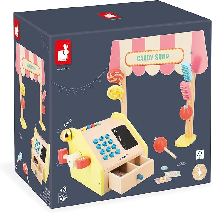 Janod - Applepop Children's Merchant - Imitation Game with Cash Register - 19 Accessories - Develops Imagination - FSC Wooden Toy - Water Painting - Suitable for Ages 3 and Above