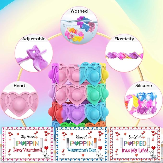 30 Packs Valentine's Day Cards for Kids with Heart Pop Bracelets Bubble Toys, Valentine's Day School Classroom Prizes, Valentine Exchange Gift, Kids Valentine Party Favors