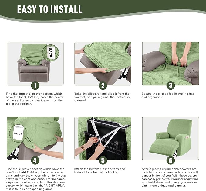 KinCam Recliner Covers, Stretch Reclining Chair Covers, Recliner Sofa Slipcovers Stripe Jacquard Recliner Couch Covers Furniture Protector Covers for Pet Kid (1 Seater, Light Green)