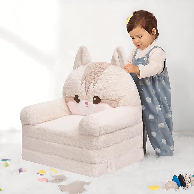 MONKISS 2-in-1 Toddler Couch Chairs Comfy, Kids Chair Couch, Mini Couch, Flip Out Sherpa Kids Sofa, Baby Couch, Chair for Toddlers 1-3, Kids Lounge Chair Reading Chair, Kids Couch Bed Fold Out, Cat