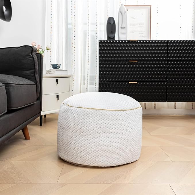Round Stuffed Pouf Ottoman 20x20x12 Inches Faux Fur Ottoman Foot Rest Under Desk Floor Pouf Foot Stool Poof for Living Room, Bedroom Small Furniture (White)