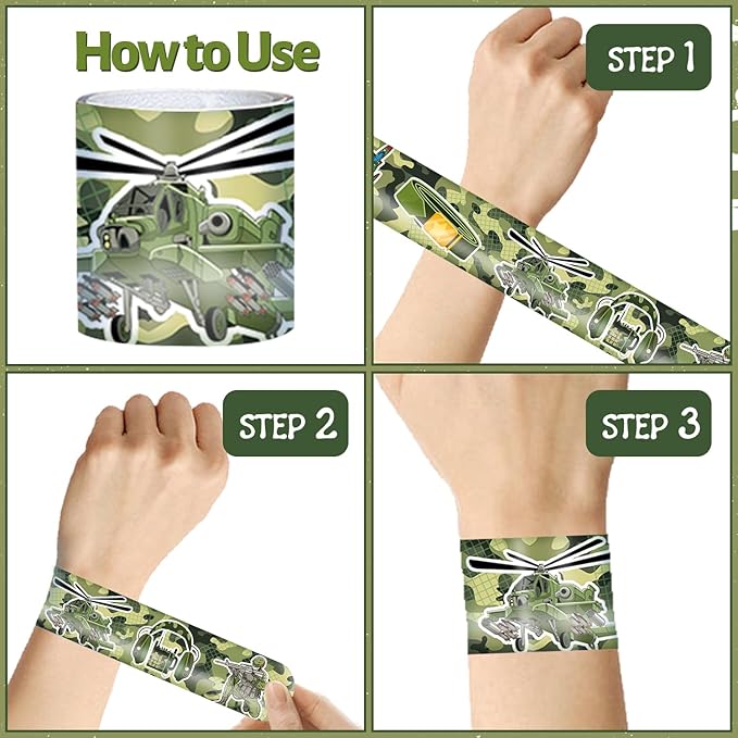 74 PCS Army Party Favors, 24 PCS Military Camo Slap Bracelets 50 PCS Army Stickers Army Birthday Party Decorations Supplies Gifts for Kids Classroom Rewards