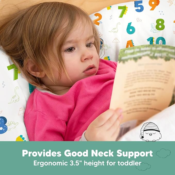 Toddler Pillow with Pillowcase - 13x18 My Little Dreamy Pillow, Organic Cotton Toddler Pillows for Sleeping, Kids Pillow, Travel Pillows, Mini Pillow, Nursery Pillow, Toddler Bed Pillow (Dino123)