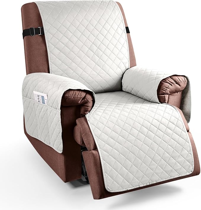 KinCam 100% Waterproof Recliner Chair Cover, Reclining Couch Covers for Pets, Dogs, Recliner Couch Slipcover Furniture Protector with Elastic Straps for Kids(30", Beige White)