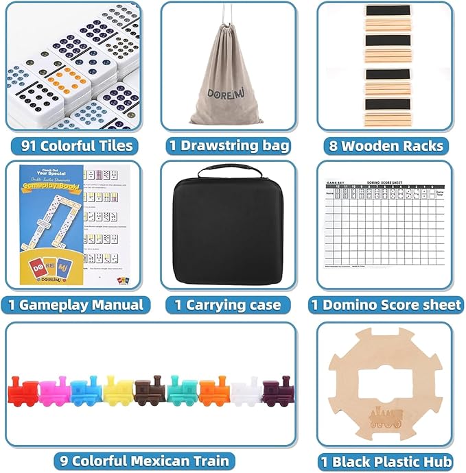 Upgraded Mexican Train Dominoes Set with Wooden Hub and 8 Racks/Trays,Double 12 Dominos Set for Kids, Adults Travel Domino Train Set with 91 Tiles and Carry Case, Classic Board Games for Family Night