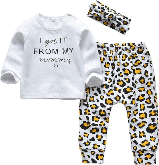 KuKitty 3Pcs Baby Girl Outfits Set Long Sleeve T-Shirt Tops Flowers Pants with Headband