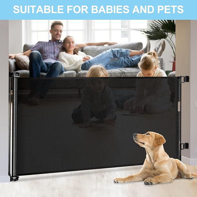 80 Inch Extra Long Retractable Baby Gates Extra Wide Baby Gates for Large Openings Indoor Retractable Dog Gate for The House Extra Wide Dog Gate Outdoor Mesh Pet Gates Child Gate for Kids (Black)