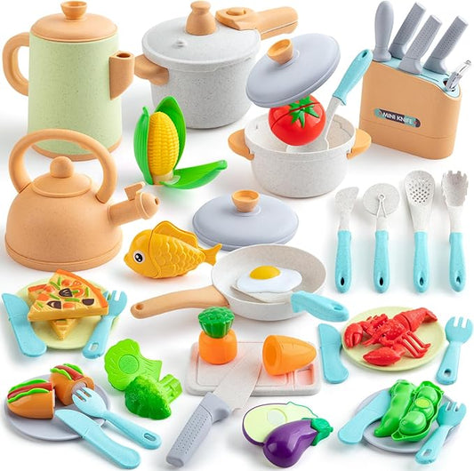 42Pcs Play Kitchen Accessories, Kids Kitchen Pretend Play Toys with Play Pots and Pans, Utensils Cookware Toys, Play Food Set, Toy Vegetables, Learning Gift for Girls Boys