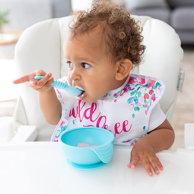 Bumkins Baby Bowl, Silicone Baby Feeding Set with Suction for Baby and Toddler, Includes Spoon and Lid, First Feeding Set, Essential for Baby Led Weaning for Babies 4 Months, Blue