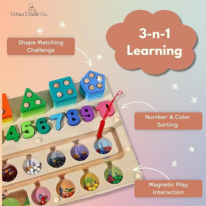 3-in-1 Magnetic Wooden Maze, Montessori Toys, Stacking Building Blocks Shape Sorter Number Board, Color Matching Educational Learning Toys for Kids, Toddler Gift, Toys for Boys Girls 3 4 5 Years Old