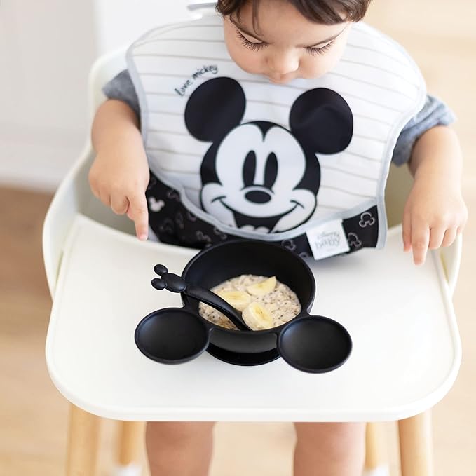 Bumkins Disney Baby Bowl, Silicone Feeding Set with Suction for Baby and Toddler, Includes Spoon, First Feeding Set, Essentials for Baby Led Weaning, Babies Eating 4 Months Up, Mickey Mouse Black