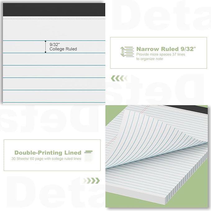 6 Pack Legal Pads 8.5 x 11 College Ruled Notepads, White Note Pads 8.5'' x 11'' Writing Pads Narrow Ruled Lined Paper Pads, 30 Sheets Per Note Pad, Legal Notepads for Work Study Daily Note Taking List