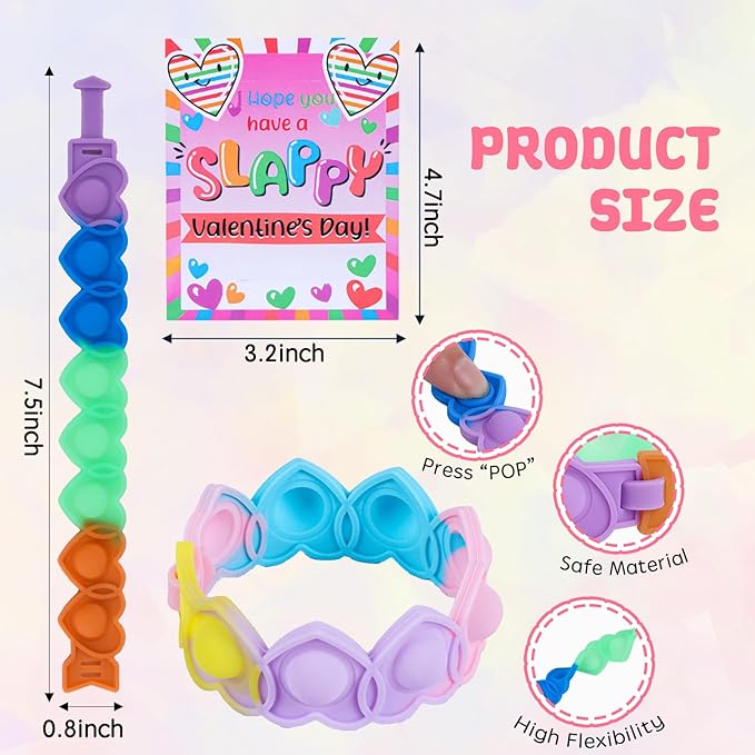 24 Packs Valentine Day Party Favors Kids, Heart Pop Fidget Toys Bulk Bracelets Cards for Kids School Classroom Prizes, Valentine's School Class Exchange Cards and Kids Party Favors
