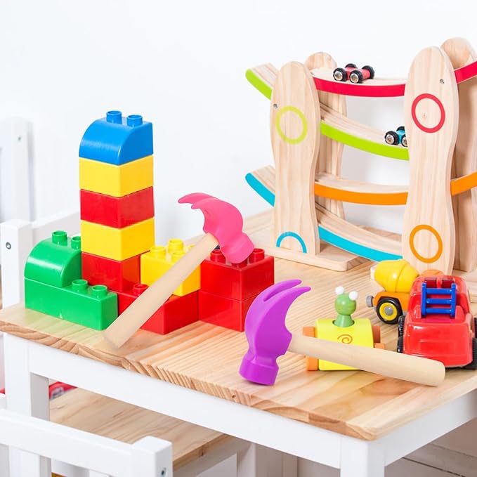 2 Pack Wooden Hammer Toys Simulation Hammers Maintenance Tools Educational Toys for Kids Birthday Party Games Supplies (Purple + Rose Red)