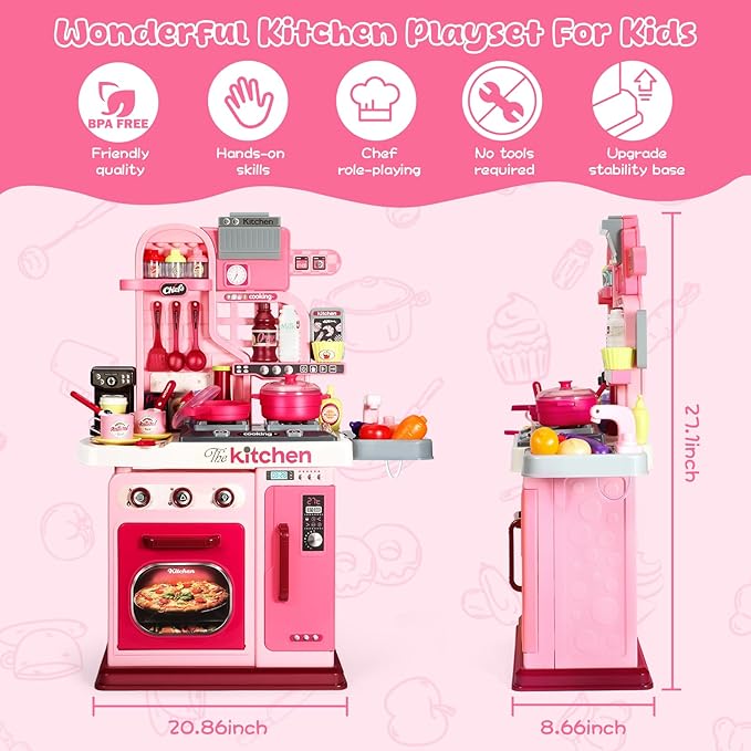 Kids Kitchen Playset, 27.1 Inches Play Kitchen with Sound and Light, Kitchen Set for Toddlers 1-3 3-5, Cooking Stove, Play Sink and Kitchen Accessories, Toddler Kitchen Playset(Pink)