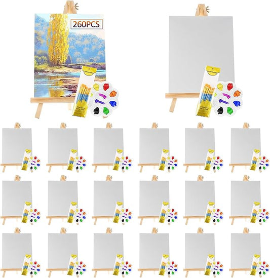 260 Pcs Art Painting Kit Supplies Set for Kids to Party - 20 Packs of 200 Brushes, 20 Wood Easels(8 * 12in), 20 Canvas Panels(8 * 10in) & 20 Palettes(5in), No Paint