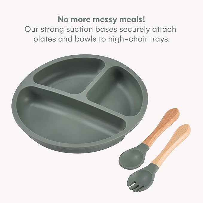 Childlike Behavior Baby Weaning Set of 6 - Sage Green Silicone Baby Feeding Set - Self Feeding Baby Wooden Fork and Spoon, Plates, Bibs, Easy to Grip, Dishes and Cups - Eating Learning Essentials