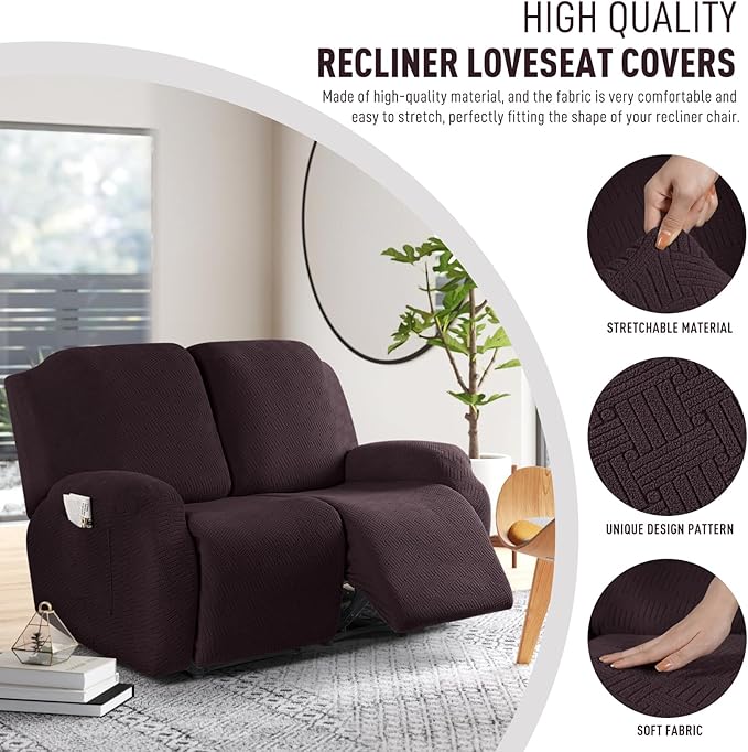 KinCam Recliner Covers, Stretch Reclining Chair Covers, Recliner Sofa Slipcovers Stripe Jacquard Recliner Couch Covers Furniture Protector Covers for Pet Kid (2XL Seater, Chocolate)