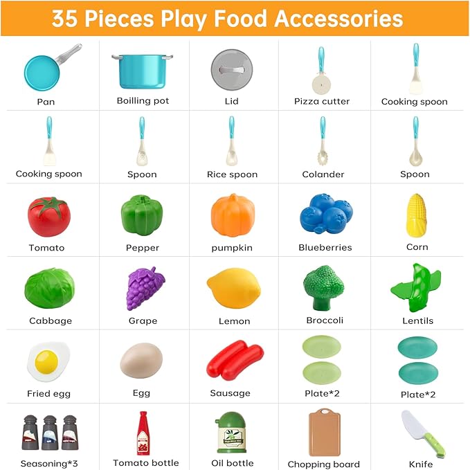 35Pcs Kids Kitchen Toy Accessories, Toddler Pretend Cooking Playset with Play Pots and Pans, Utensils Cookware Toys, Play Food Set, Toy Vegetables, Learning Gift for Girls Boys (Turquoise)