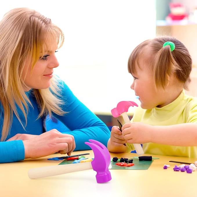 2 Pack Wooden Hammer Toys Simulation Hammers Maintenance Tools Educational Toys for Kids Birthday Party Games Supplies (Purple + Rose Red)