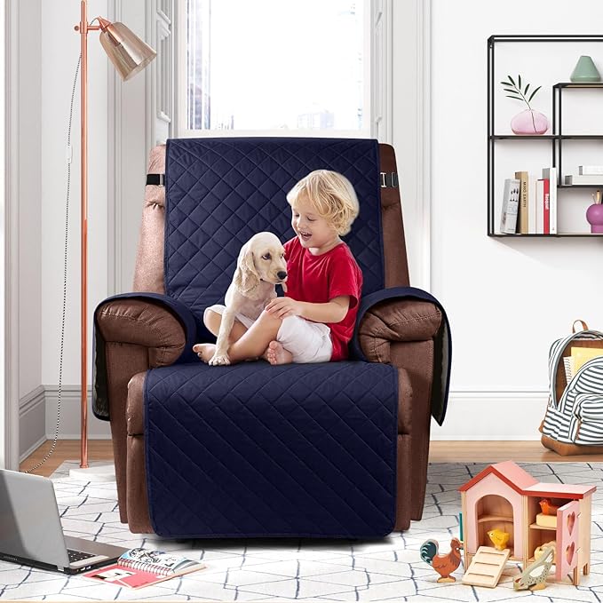 KinCam 100% Waterproof Recliner Chair Cover, Reclining Couch Covers for Pets, Dogs, Recliner Couch Slipcover Furniture Protector with Elastic Straps for Kids(28", Dark Blue)