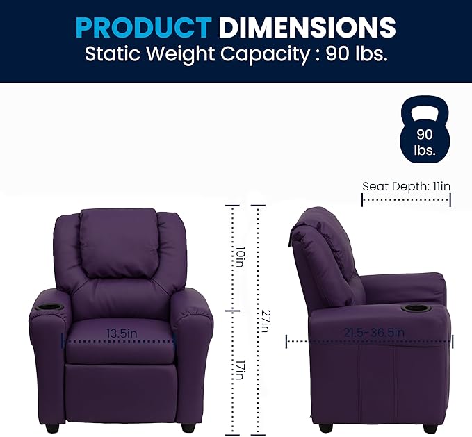 Flash Furniture Vana Vinyl Kids Recliner with Cup Holder, Headrest, and Safety Recline, Contemporary Reclining Chair for Kids, Supports up to 90 lbs., Purple