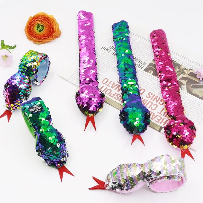 6 Pieces Slap Bracelet Snake Snap Bracelet Sequin Wristband for Kids Birthday Party Favors Supplies Halloween Stuff Gifts