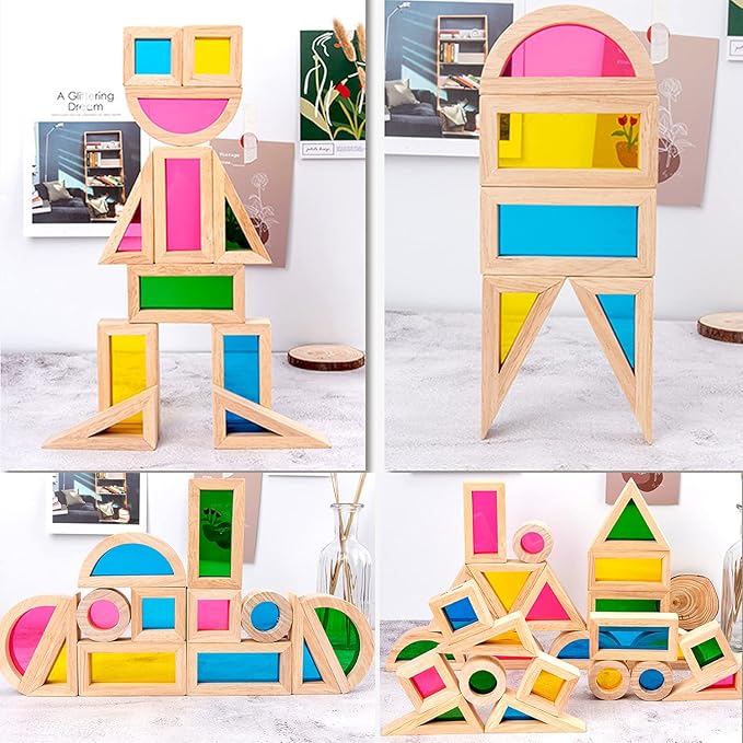 Xylolin Wooden Building Blocks for Toddlers 1-3, 24 Pieces Set Big Toddler Wood Sensory Blocks, Wooden Rainbow Kids Stacking Blocks, Large Colored Window Blocks Educational Toys for Boys Girls