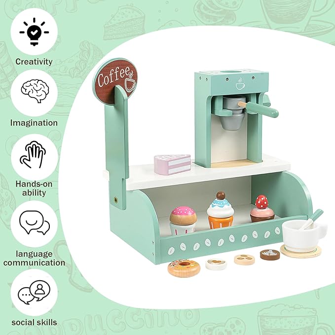 Kids Coffee Maker, Wooden Toy Coffee Maker for Kids, Kids Coffee Playset, Play Coffee Maker Set Rich in Accessories, for Toddler Girls and Boys, Aged 3 4 5 6