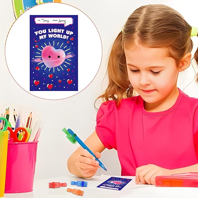 28 Pack Valentines Cards for Kids with LED Finger Lights, Valentines Day Gifts for Kids, Light Up Toys Bulk Valentines Day Cards for Kids Classroom School Exchange Prize Party Favors Set